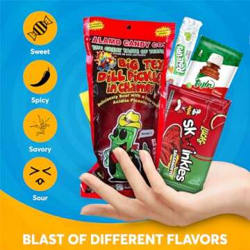Chamoy Pickle Kit by CHRONOS 9 Piece Kit includes Alamo Big Tex Chamoy pickle, Skwinkles Watermelon Flavor, Lucas Gusano (tamarind), Lucas Polvos (chamoy), Tajin Packet, Fruit Roll Up, Tamarind Pulp Candy, Takis Fuego and Chronos Magnet