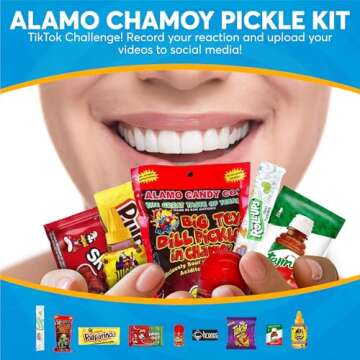 Chamoy Pickle Kit by CHRONOS 9 Piece Kit includes Alamo Big Tex Chamoy pickle, Skwinkles Watermelon Flavor, Lucas Gusano (tamarind), Lucas Polvos (chamoy), Tajin Packet, Fruit Roll Up, Tamarind Pulp Candy, Takis Fuego and Chronos Magnet
