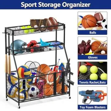 Uboway Garage Sports Equipment Storage Organizer Garage Organization with Baskets and Wheels, Toy Storage Organizer, Ball Storage Rack for Basketball, Tennis Ball, Volleyball, Football and More