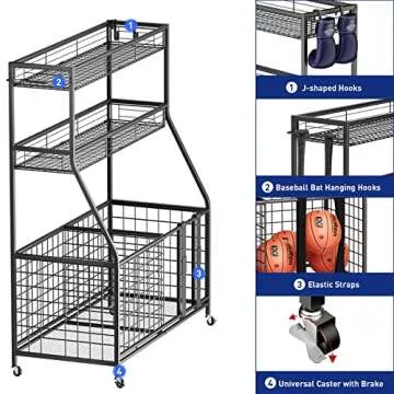 Uboway Garage Sports Equipment Storage Organizer Garage Organization with Baskets and Wheels, Toy Storage Organizer, Ball Storage Rack for Basketball, Tennis Ball, Volleyball, Football and More