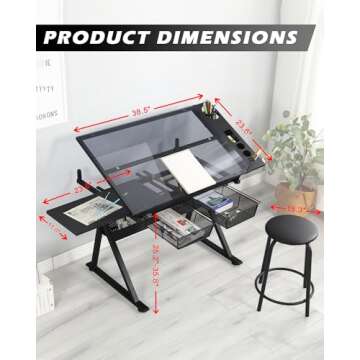 LifeSky Adjustable Drafting Table for Artists - Drawing Table with Storage for Artwork - Glass Art D...