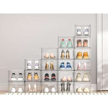 ARSTPEOE Upgrade Harder Solid Plastic Shoe Organizer, Shoe Storage with Magnetic Front Door, Shoe Rack 6 Pack Shoe Boxes Clear, Sneaker Storage, Shoe Organizer for Closet, Shoe Display Case, White