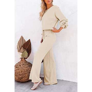 Pink Queen Women's 2 Piece Knit Sweatsuit Puff Sleeve Cropped Sweater Top and Long Pants Tracksuit Lounge Set Beige XL