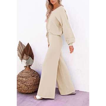 Pink Queen Women's 2 Piece Knit Sweatsuit Puff Sleeve Cropped Sweater Top and Long Pants Tracksuit Lounge Set Beige XL