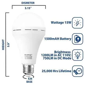 Rechargeable Emergency Light Bulb, 1500mAh 15W 80W 6000K Daylight White Battery Light Bulb with 4 Pack Battery Backup LED Bulb for Home Power Failure, Hurricane, Thunderstorm