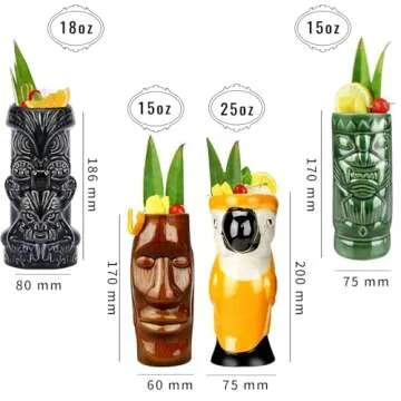 Tiki Mugs Cocktail Set of 4 - Large Tumblers Ceramic Hawaiian Luau Party Mugs Drinkware, Cute Exotic...