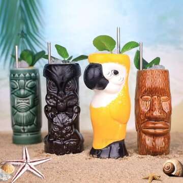 Tiki Mugs Cocktail Set of 4 - Large Tumblers Ceramic Hawaiian Luau Party Mugs Drinkware, Cute Exotic Cocktail Glasses, Tiki Bar Professional Hawaiian Party Barware