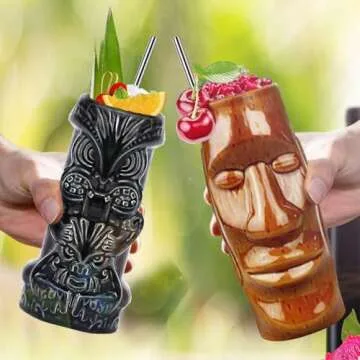 Tiki Mugs Cocktail Set of 4 - Large Tumblers Ceramic Hawaiian Luau Party Mugs Drinkware, Cute Exotic Cocktail Glasses, Tiki Bar Professional Hawaiian Party Barware