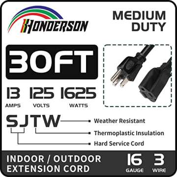 HONDERSON 30FT Outdoor Extension Cord - 16/3 SJTW Durable Black Extension Cord for Christmas Lights ...