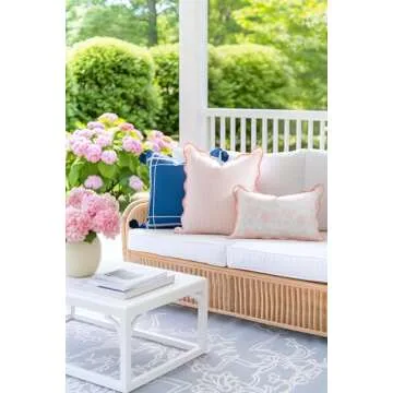 Hofdeco Premium Coastal Patio Indoor Outdoor Scalloped Throw Pillow Cover Only, 20"x20" Water Repellent for Backyard, Couch, Blush Pink Print Stripes