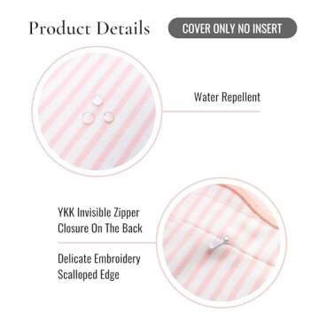 Hofdeco Premium Coastal Patio Indoor Outdoor Scalloped Throw Pillow Cover Only, 20"x20" Water Repellent for Backyard, Couch, Blush Pink Print Stripes