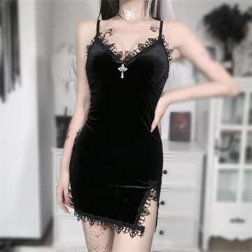 Goth Bodycon Velvet Dress with Deep V-Neck and Slit