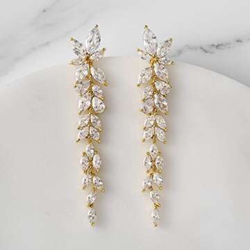 SWEETV Marquise Cubic Zirconia Wedding Earrings for Women Brides, Crystal Chandelier Bridal Drop Earrings for Prom Pageant (Gold)
