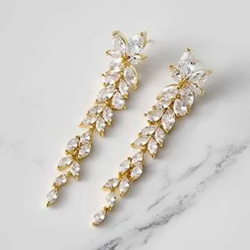 SWEETV Marquise Cubic Zirconia Wedding Earrings for Women Brides, Crystal Chandelier Bridal Drop Earrings for Prom Pageant (Gold)