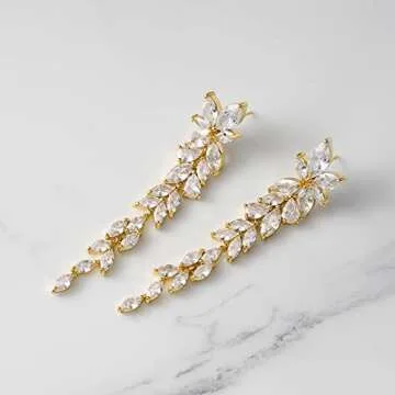 SWEETV Marquise Cubic Zirconia Wedding Earrings for Women Brides, Crystal Chandelier Bridal Drop Earrings for Prom Pageant (Gold)