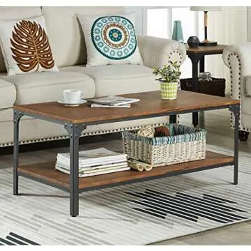Homissue 43’’ Rectangular Coffee Table, Vintage Industrial Cocktail Table with Lower Storage Shelf for Living Room, Brown Finish