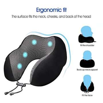DYD Travel Pillow Memory Foam Neck Pillow for Airplane Washable Velour Cover Ergonomic Neck Support Pillow with Sleep Mask & Earplugs