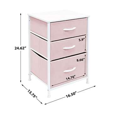 Sorbus Nightstand with 3 Drawers - Furniture Storage Chest Tower Unit for Bedroom, Hallway, Closet, Office Organization - Steel Frame, Wood Top, Pastel Fabric Bin (Pink)