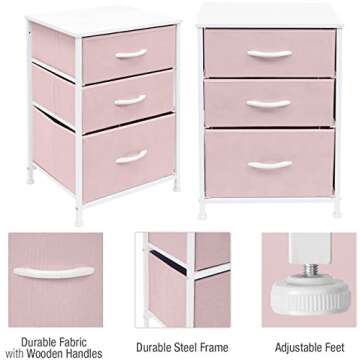 Sorbus Nightstand with 3 Drawers - Furniture Storage Chest Tower Unit for Bedroom, Hallway, Closet, Office Organization - Steel Frame, Wood Top, Pastel Fabric Bin (Pink)