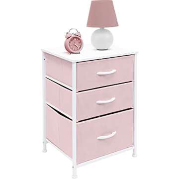 Sorbus Nightstand with 3 Drawers - Furniture Storage Chest Tower Unit for Bedroom, Hallway, Closet, Office Organization - Steel Frame, Wood Top, Pastel Fabric Bin (Pink)