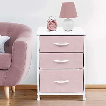 Sorbus Nightstand with 3 Drawers - Furniture Storage Chest Tower Unit for Bedroom, Hallway, Closet, Office Organization - Steel Frame, Wood Top, Pastel Fabric Bin (Pink)
