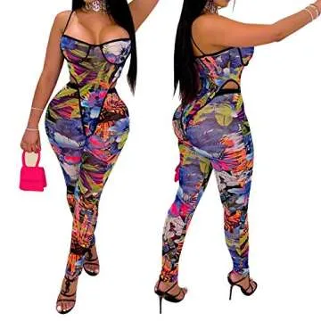 Ranfare Two Piece Sexy Printed See Through Jumpsuit for Women (Color 2, S)