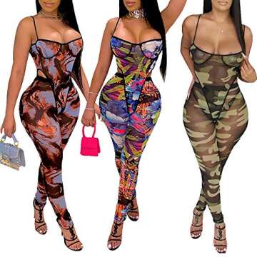 Ranfare Two Piece Sexy Printed See Through Jumpsuit for Women (Color 2, S)