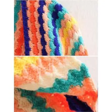 HOULENGS Women's Rainbow Cardigan Sweater Open Front Long Sleeve Boho Colorful Crochet Sweater Outwear Fall Winter Clothes Colourful One Size