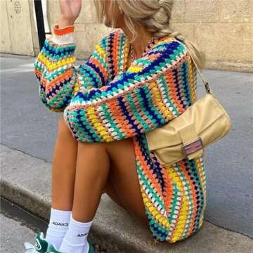 HOULENGS Women's Rainbow Cardigan Sweater Open Front Long Sleeve Boho Colorful Crochet Sweater Outwear Fall Winter Clothes Colourful One Size