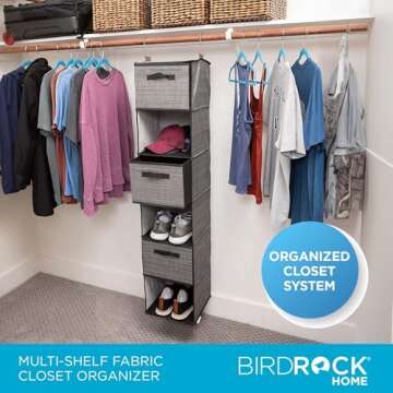 Internet's Best Hanging Closet Organizer with 3 Drawers - 6 Shelf Fabric Storage Organizer for Clothes, Sweaters, Shoes, Accessories - College Dorm Essentials, Small Room Dresser for Kids - Grey