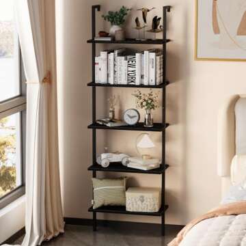 aboxoo Ladder Shelf 2PCS Open Bookshelf 5-Tier Wood Wall-Mounted Black Bookcase Storage Rack Open In...