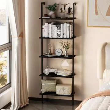 aboxoo Ladder Shelf 2PCS Open Bookshelf 5-Tier Wood Wall-Mounted Black Bookcase Storage Rack Open In...
