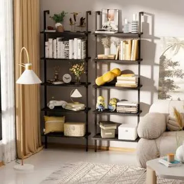 aboxoo Ladder Shelf 2PCS Open Bookshelf 5-Tier Wood Wall-Mounted Black Bookcase Storage Rack Open Industrial Modern Plant Stand Utility Organizer Bookcase Metal Frame Furniture Office Kitchen Bedroom