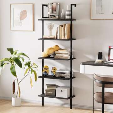 aboxoo Ladder Shelf 2PCS Open Bookshelf 5-Tier Wood Wall-Mounted Black Bookcase Storage Rack Open Industrial Modern Plant Stand Utility Organizer Bookcase Metal Frame Furniture Office Kitchen Bedroom