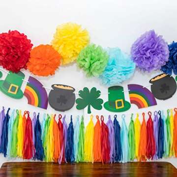 Bobee St Patricks Day Decorations Banner, 9 St Pats Decor, Shamrock, Top Hat, Rainbow, Pot of Gold, pre-Strung on 8 Foot White Ribbon