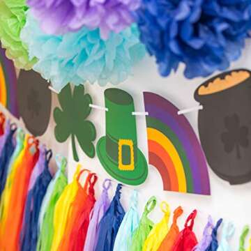 Bobee St Patricks Day Decorations Banner, 9 St Pats Decor, Shamrock, Top Hat, Rainbow, Pot of Gold, pre-Strung on 8 Foot White Ribbon