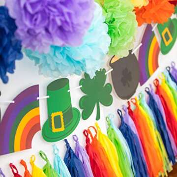 Bobee St Patricks Day Decorations Banner, 9 St Pats Decor, Shamrock, Top Hat, Rainbow, Pot of Gold, pre-Strung on 8 Foot White Ribbon