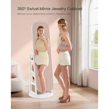 SONGMICS LED Jewelry Cabinet, 360° Swivel Jewelry Organizer, Lockable Mirror Jewelry Cabinet Standing, Rounded Wide Full-Length Mirror with Storage Shelves, Interior Mirror, Cloud White UJJC036W01