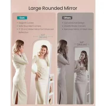 SONGMICS LED Jewelry Cabinet, 360° Swivel Jewelry Organizer, Lockable Mirror Jewelry Cabinet Standing, Rounded Wide Full-Length Mirror with Storage Shelves, Interior Mirror, Cloud White UJJC036W01