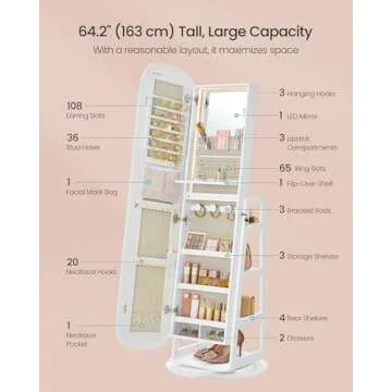 SONGMICS LED Jewelry Cabinet, 360° Swivel Jewelry Organizer, Lockable Mirror Jewelry Cabinet Standing, Rounded Wide Full-Length Mirror with Storage Shelves, Interior Mirror, Cloud White UJJC036W01