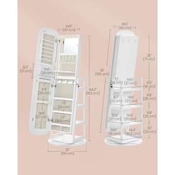 SONGMICS LED Jewelry Cabinet, 360° Swivel Jewelry Organizer, Lockable Mirror Jewelry Cabinet Standing, Rounded Wide Full-Length Mirror with Storage Shelves, Interior Mirror, Cloud White UJJC036W01