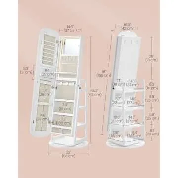 SONGMICS LED Jewelry Cabinet, 360° Swivel Jewelry Organizer, Lockable Mirror Jewelry Cabinet Standing, Rounded Wide Full-Length Mirror with Storage Shelves, Interior Mirror, Cloud White UJJC036W01