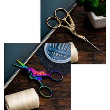 SINGER 4 Inch Forged Embroidery Scissors for Sewing, Cross-Stitching, Crafts, & More (Gold Stork & Spectrum Finish Unicorn Designs, 2-Pack)