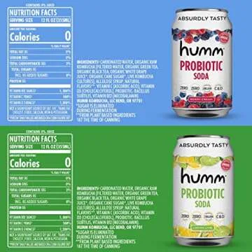 Humm Sparkling Probiotic Soda Variety Pack, Lemon Lime & Berry Cream, Zero Sugar, Zero Calorie, 2 Billion Probiotics, Vitamin C, D, and B12, 12 fl oz (12 Pack)