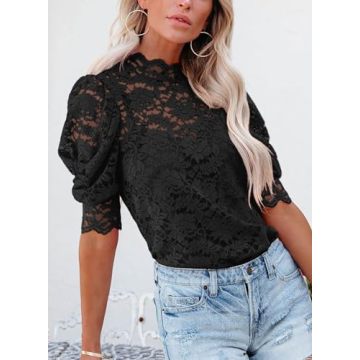 DOROSE Women Cute Lace Blouse - Elegant Short Sleeve Top