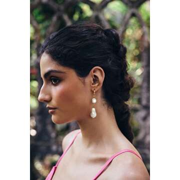 POTESSA Pearl Hoop Earrings for Women Irregular Baroque Pearl 18K Gold Plated Boho Drop Lightweight Dangle Huggie Earrings