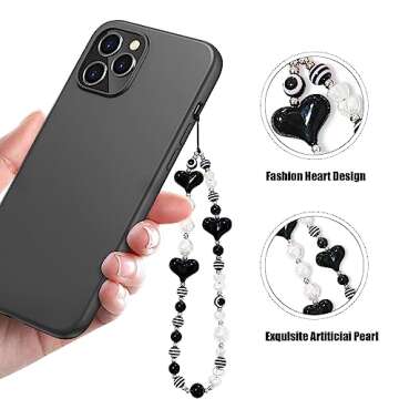 SZXYCZL 2PCS Beaded Phone Charms Y2K Dark Love Pearl Metallic Beaded and Cute Transparent Bear Pearl Bow Tie Anti Lost Phone Chain Strap for Women Girls-Black+White