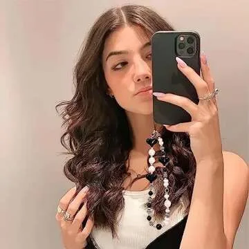 SZXYCZL 2PCS Beaded Phone Charms Y2K Dark Love Pearl Metallic Beaded and Cute Transparent Bear Pearl Bow Tie Anti Lost Phone Chain Strap for Women Girls-Black+White