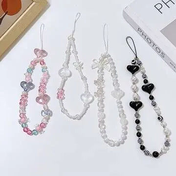SZXYCZL 2PCS Beaded Phone Charms Y2K Dark Love Pearl Metallic Beaded and Cute Transparent Bear Pearl Bow Tie Anti Lost Phone Chain Strap for Women Girls-Black+White
