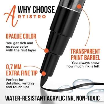 ARTISTRO 5 White Acrylic Paint Pens Extra Fine Tip and 5 Black Acrylic Paint Markers Extra Fine Tip, Bundle for Rock Painting, Wood, Fabric, Card, Paper, Photo Album, Ceramic & Glass